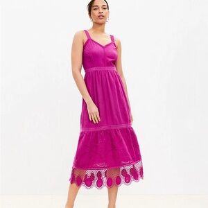 New With Tags Loft Lace Trim Linen Blend Strappy Midi Dress Magenta
